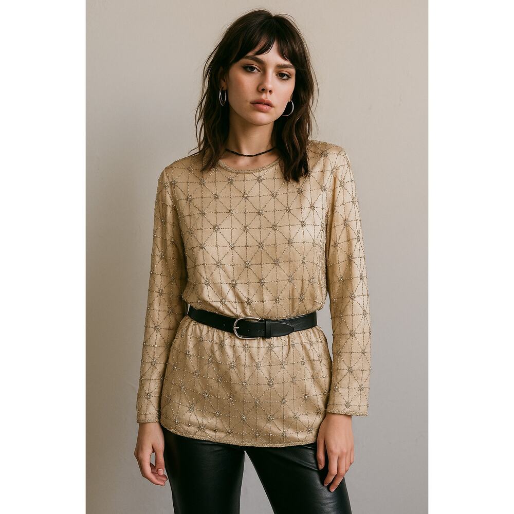 Vintage Cynthia Taylor Silk Beaded Top Womens Large‎ Champagne Grid Pattern FLAW